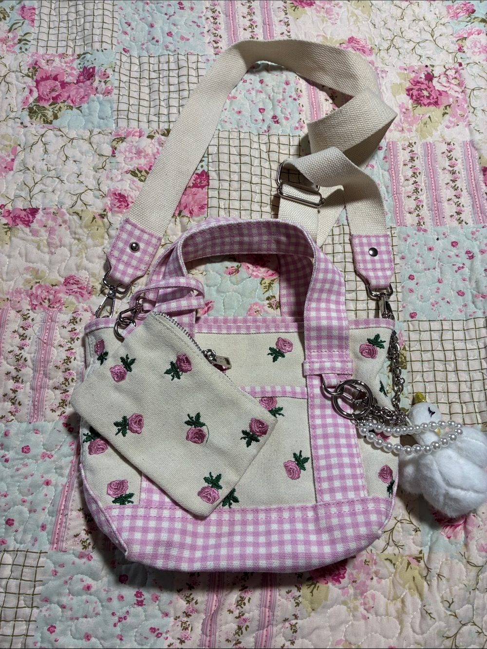 Madden Girl Pink Gingham Rose Embroidered Small Canvas Tote Bag